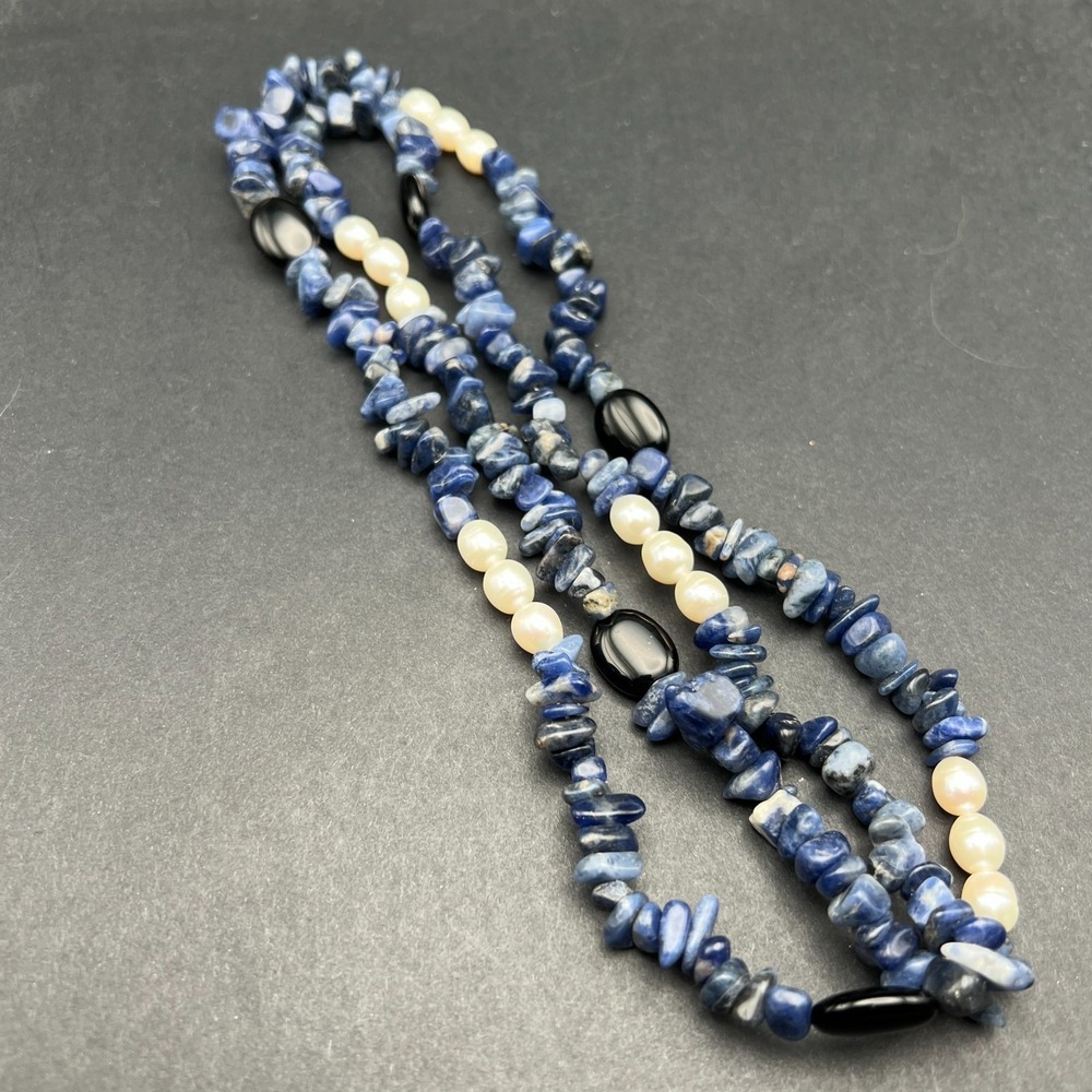 Beaded Necklace Long Strand Blue White Stone Faux Pearl Black Accent Retro